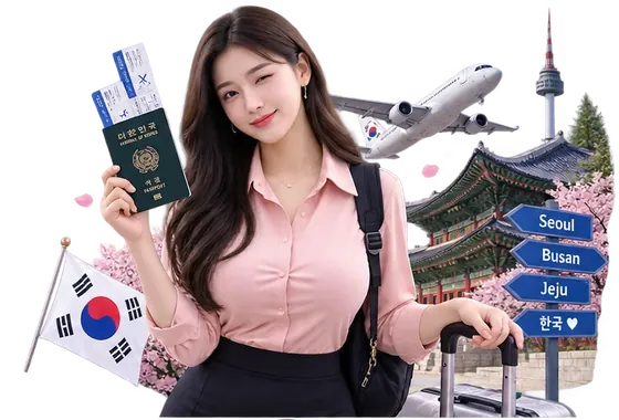 Viajera con pasaporte y boletos a Corea